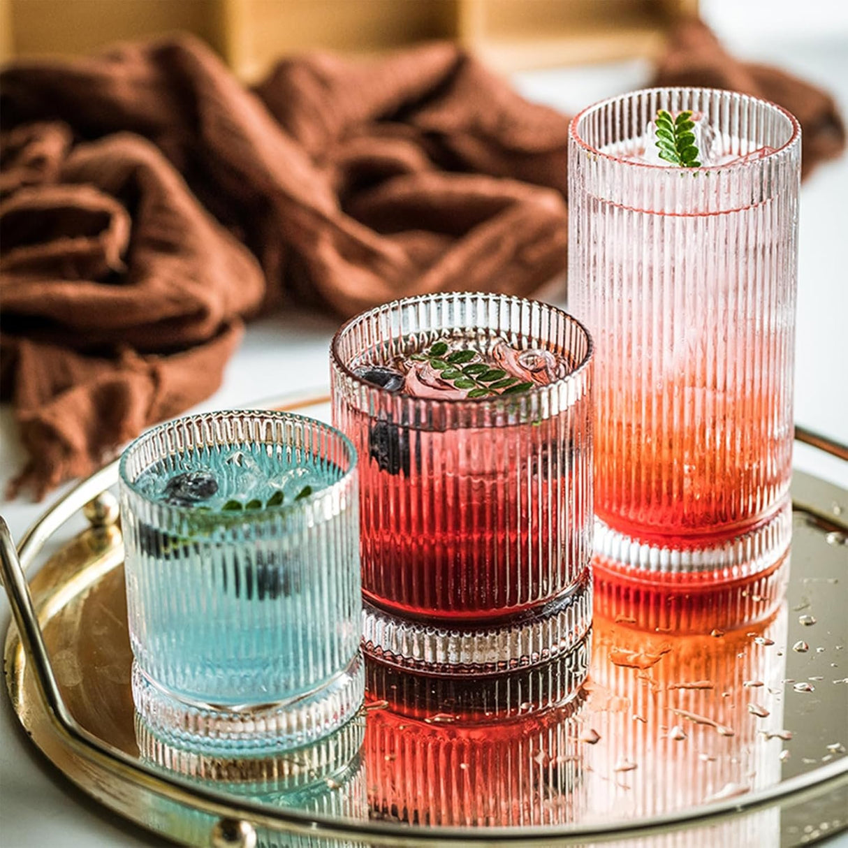 Danny Home Ribbed Glass Cups Set – Vintage Origami Drinking Glasses & Glassware for Whisky, Cocktails & Iced Coffee