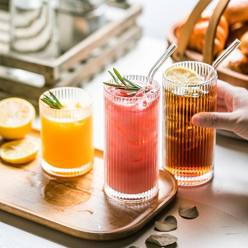 Danny Home Ribbed Glass Cups Set – Vintage Origami Drinking Glasses & Glassware for Whisky, Cocktails & Iced Coffee