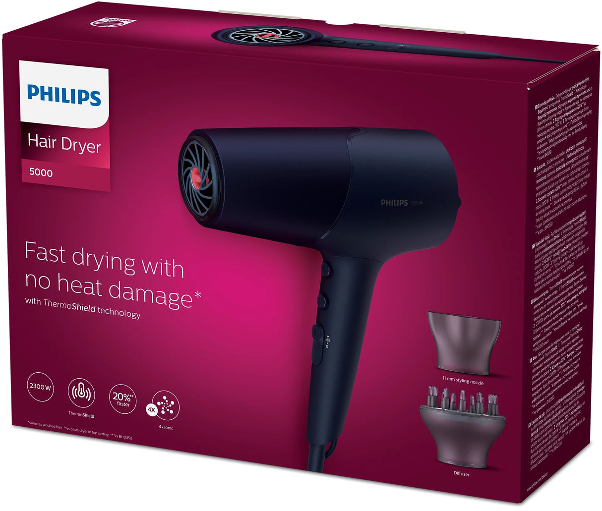 Philips 5000 Series Hair Dryer 2300W - ThermoShield Technology, 4x Ionic Care, 3 Heat & 2 Speed Settings, Slim Nozzle