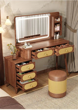 Rattan LED Dressing Table 100cm – Solid Wood Vanity Desk with Detachable 3-Drawer Side Cabinet & Touch LED Mirror | Kenya