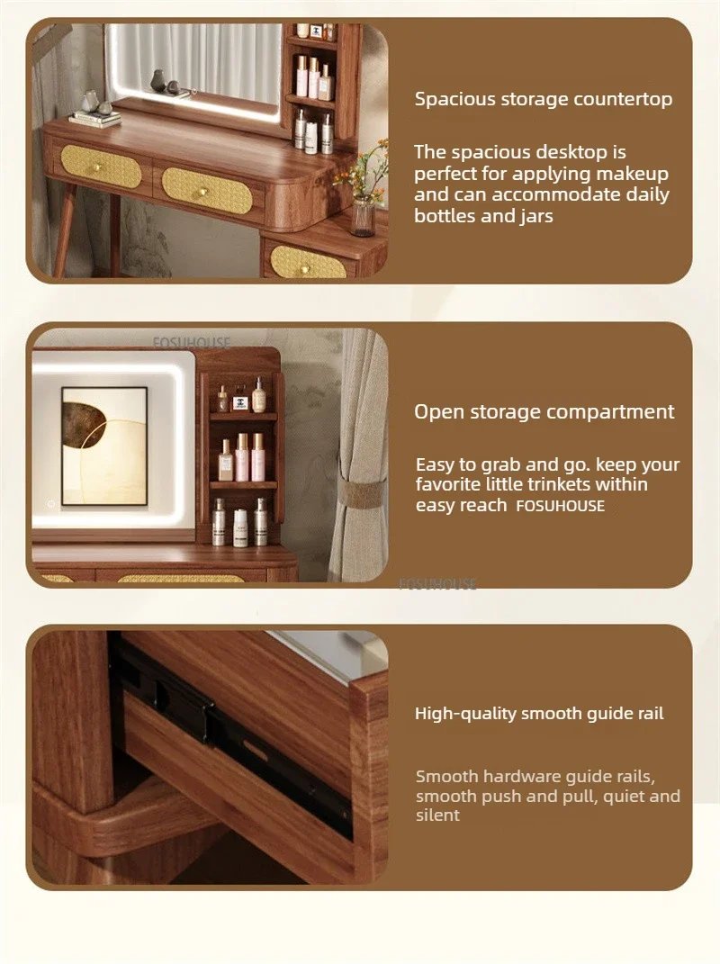 Rattan LED Dressing Table 100cm – Solid Wood Vanity Desk with Detachable 3-Drawer Side Cabinet & Touch LED Mirror | Kenya