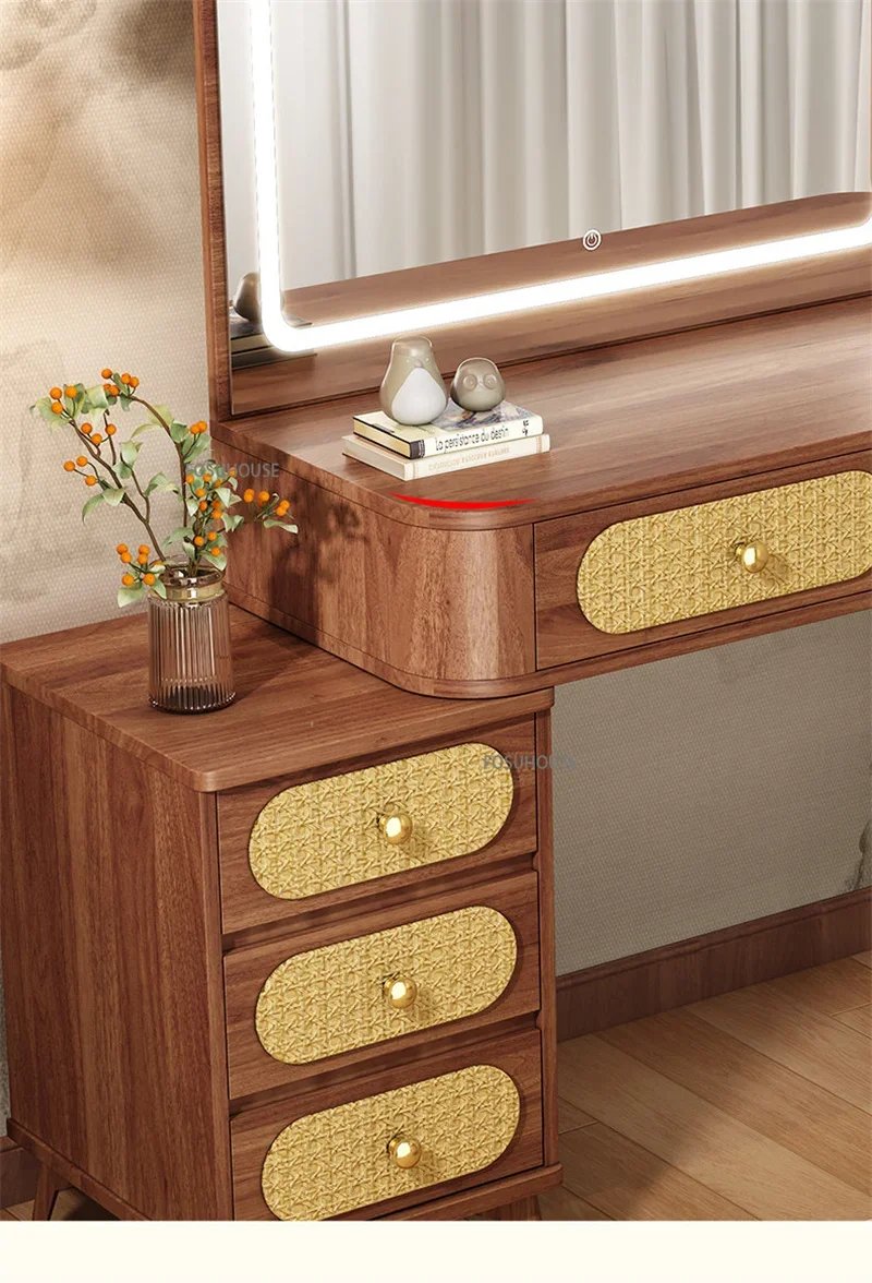 Rattan LED Dressing Table 100cm – Solid Wood Vanity Desk with Detachable 3-Drawer Side Cabinet & Touch LED Mirror | Kenya