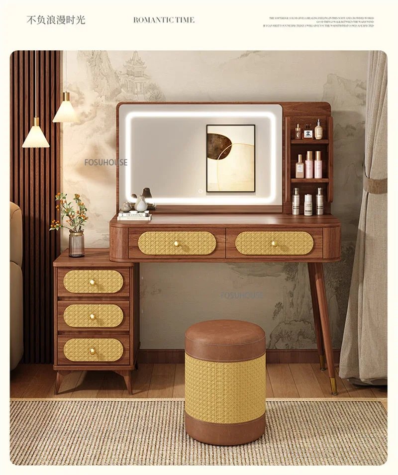 Rattan LED Dressing Table 100cm – Solid Wood Vanity Desk with Detachable 3-Drawer Side Cabinet & Touch LED Mirror | Kenya