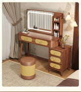 Rattan LED Dressing Table 100cm – Solid Wood Vanity Desk with Detachable 3-Drawer Side Cabinet & Touch LED Mirror | Kenya