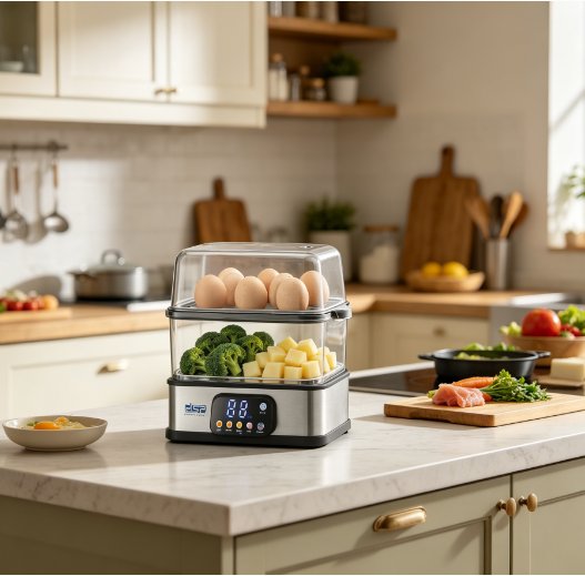 2-Layer Electric Egg & Food Steamer – 8-Egg Top Tier, 2.5L Steaming Basket, LED Touch Display with 3 Egg Modes | Kenya