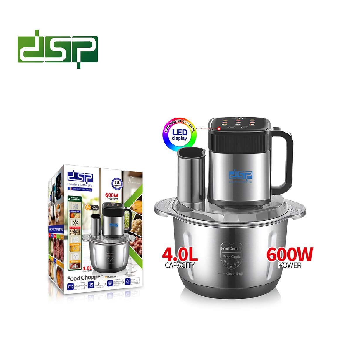 Electric Food Chopper & Meat Grinder – 9 Preset Menus, 6-Blade Stainless Steel, LED Display with Slicing & Grating Discs | Kenya