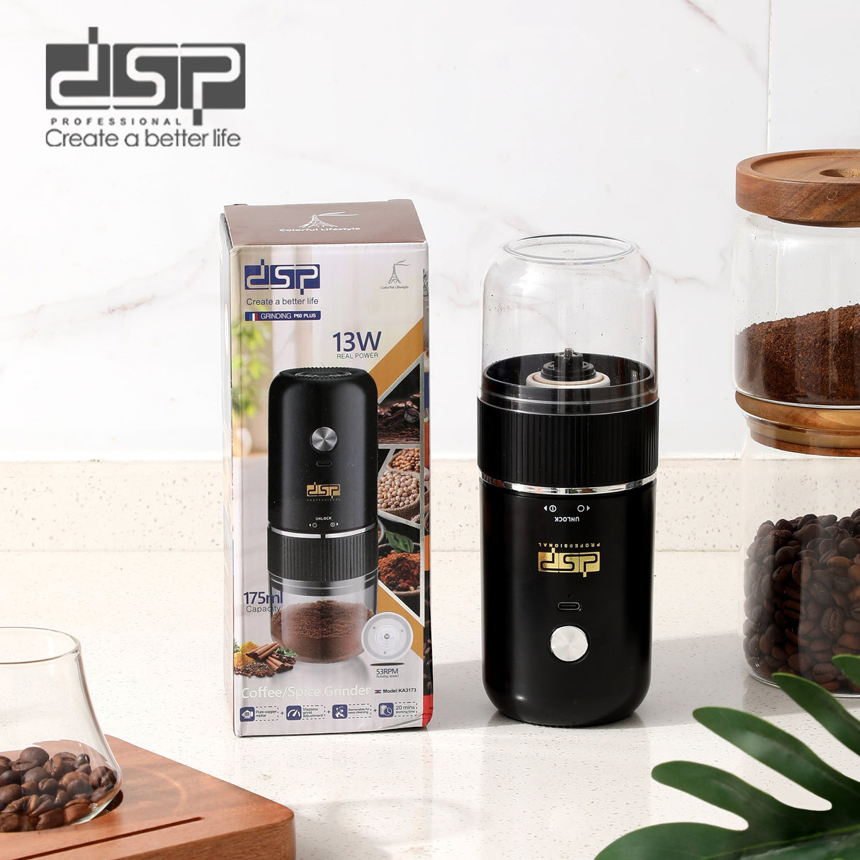 DSP Cordless Coffee & Spice Grinder – 175ml Rechargeable Electric Grinder with Stepless Coarse-to-Fine Adjustment | Kenya