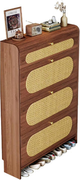 Slim Rattan Shoe Cabinet 100cm – Only 17cm Deep, Behind-the-Door Shoe Rack Organiser with 3 Flip Drawers, Top Storage & Slipper Shelf | Kenya