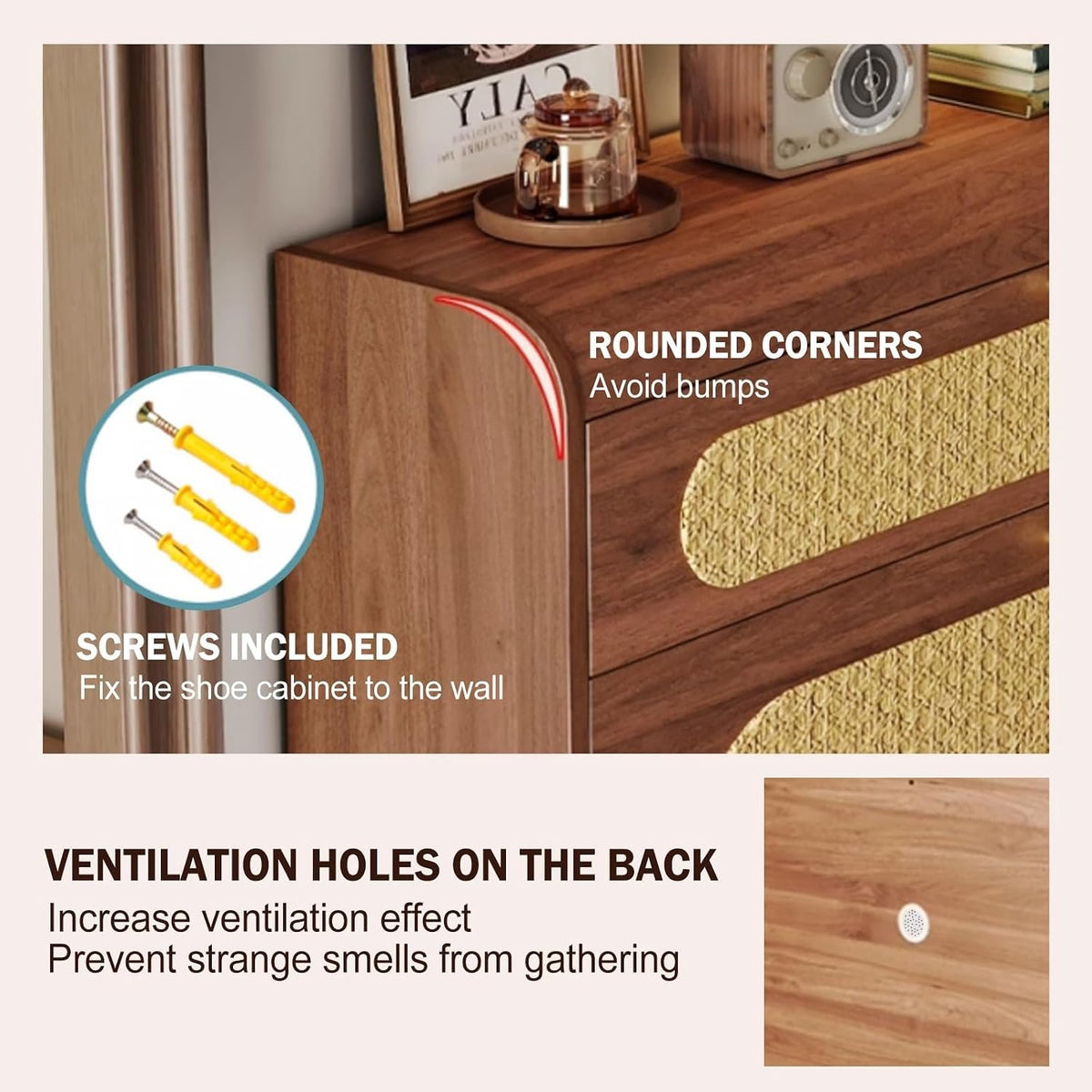 Slim Rattan Shoe Cabinet 100cm – Only 17cm Deep, Behind-the-Door Shoe Rack Organiser with 3 Flip Drawers, Top Storage & Slipper Shelf | Kenya