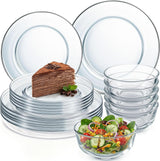 Borosil Aura 27 Piece Glass Dinner Set with Latte Mugs, Clear | Borosilicate Glass Dinnerware for 6, Microwave and Dishwasher Safe