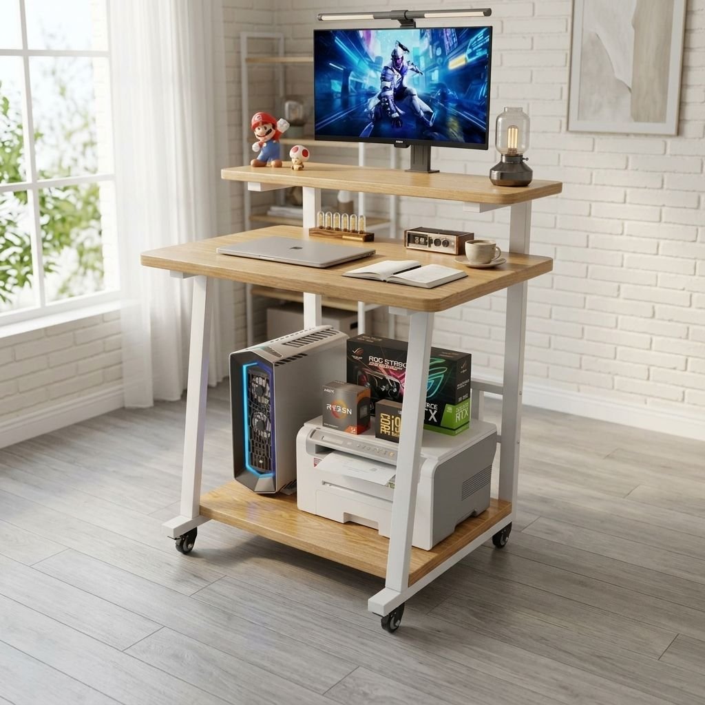 Compact Computer Desk with Monitor Shelf Oak and White | Small Study Desk with Bottom Storage Shelf