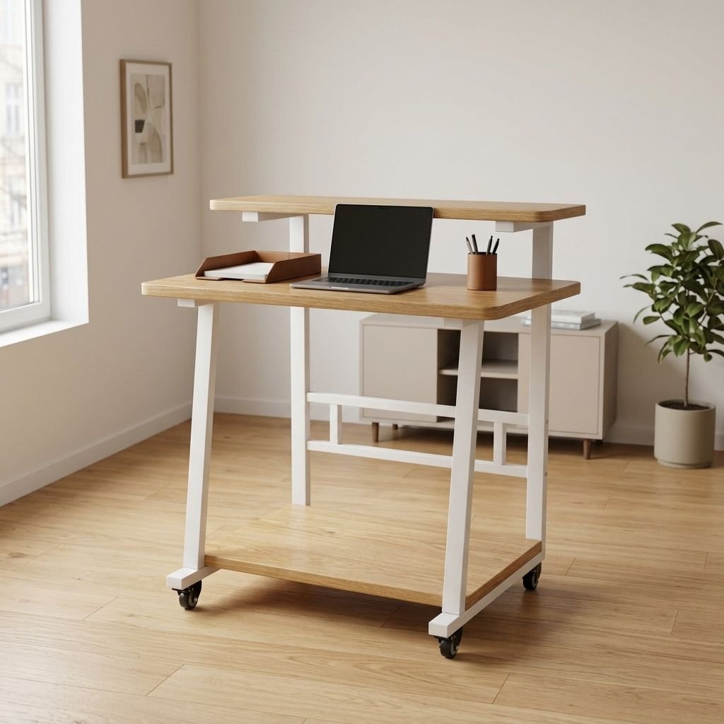 Compact Computer Desk with Monitor Shelf Oak and White | Small Study Desk with Bottom Storage Shelf
