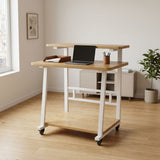 Compact Computer Desk with Monitor Shelf Oak and White | Small Study Desk with Bottom Storage Shelf