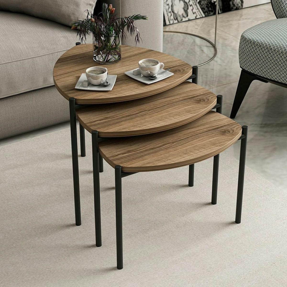 Nesting Tables Set of 3 Walnut Herringbone Triangle Tops | Black Metal Legs Coffee Side Tables