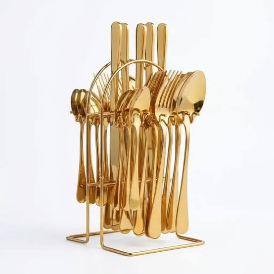 24 Piece Gold Cutlery Set with Hanging Stand, Service for 6 | Stainless Steel Gold Forks, Knives, Spoons and Teaspoons, Wedding and Housewarming Gift