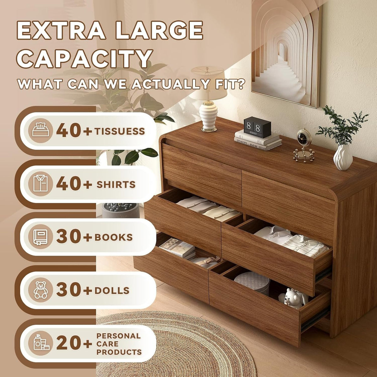 Chest of Drawers 6 Drawer 120x40x75cm Walnut | Wide Bedroom Dresser and Drawer Chest, Doubles as TV Cabinet