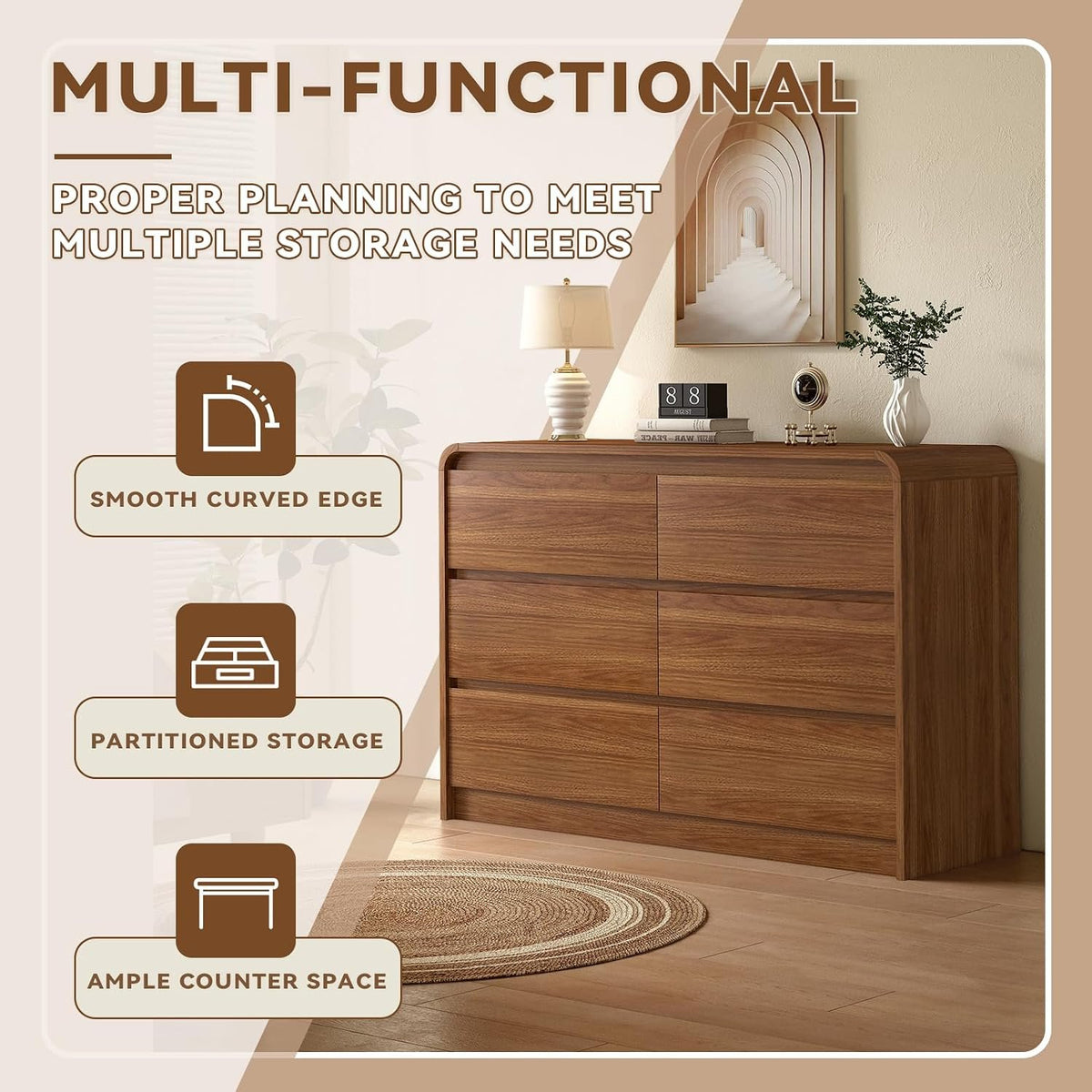 Chest of Drawers 6 Drawer 120x40x75cm Walnut | Wide Bedroom Dresser and Drawer Chest, Doubles as TV Cabinet