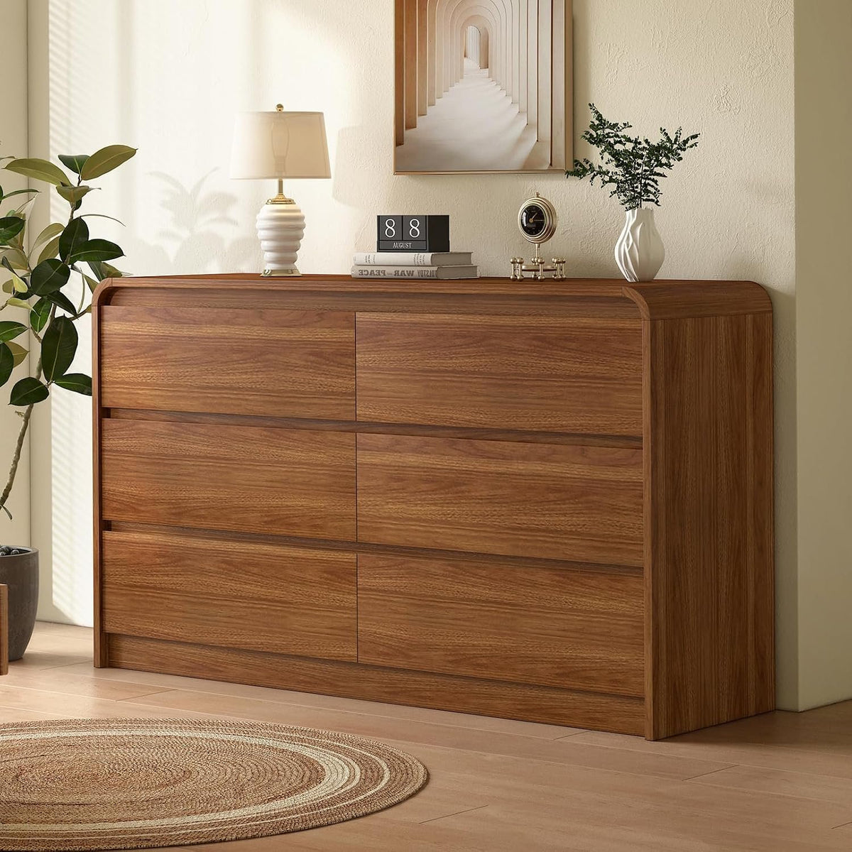 Chest of Drawers 6 Drawer 120x40x75cm Walnut | Wide Bedroom Dresser and Drawer Chest, Doubles as TV Cabinet