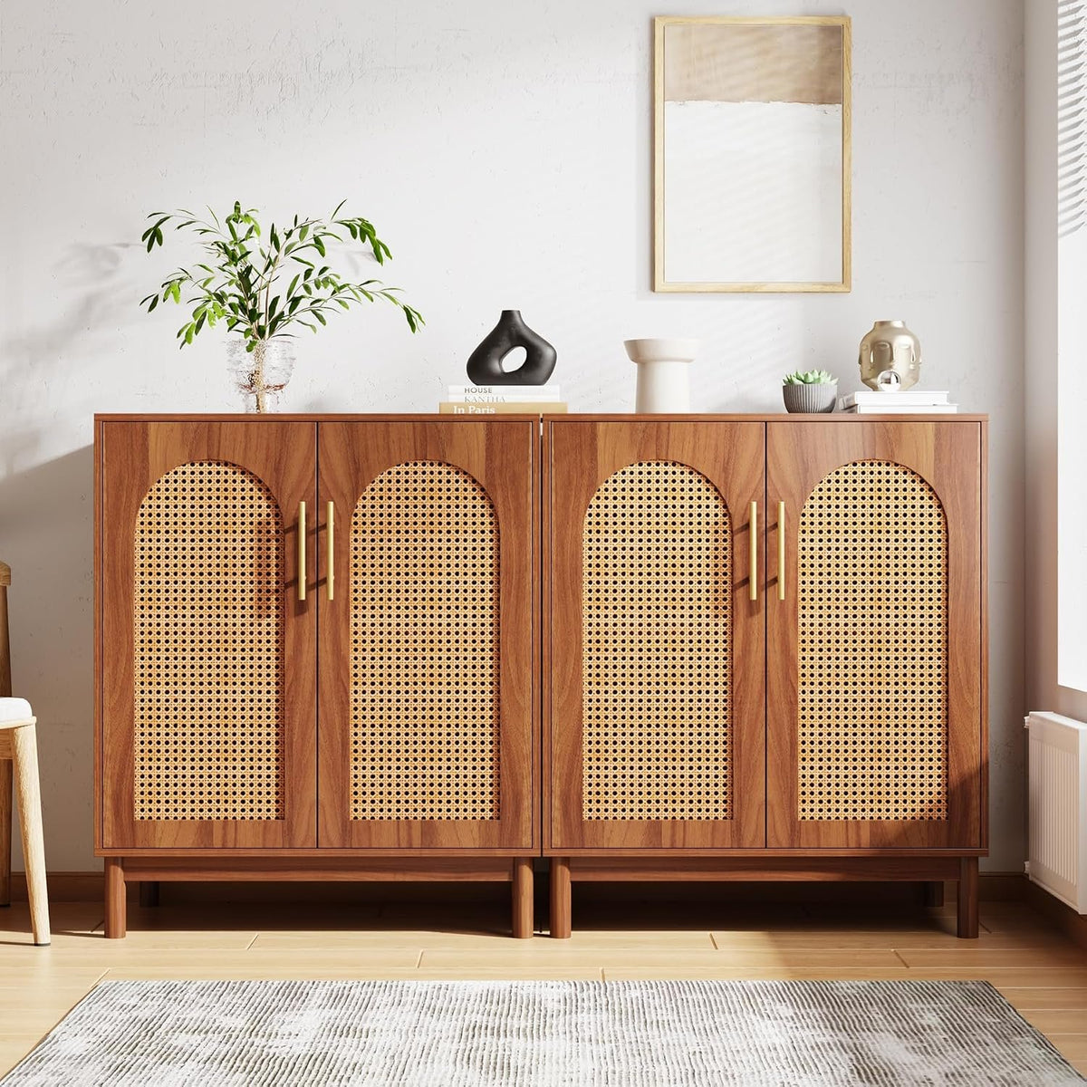 Rattan Sideboard 140x40x100cm Dark Wood | Buffet Cabinet and Console Table for Dining Room and Entryway with Cane Doors