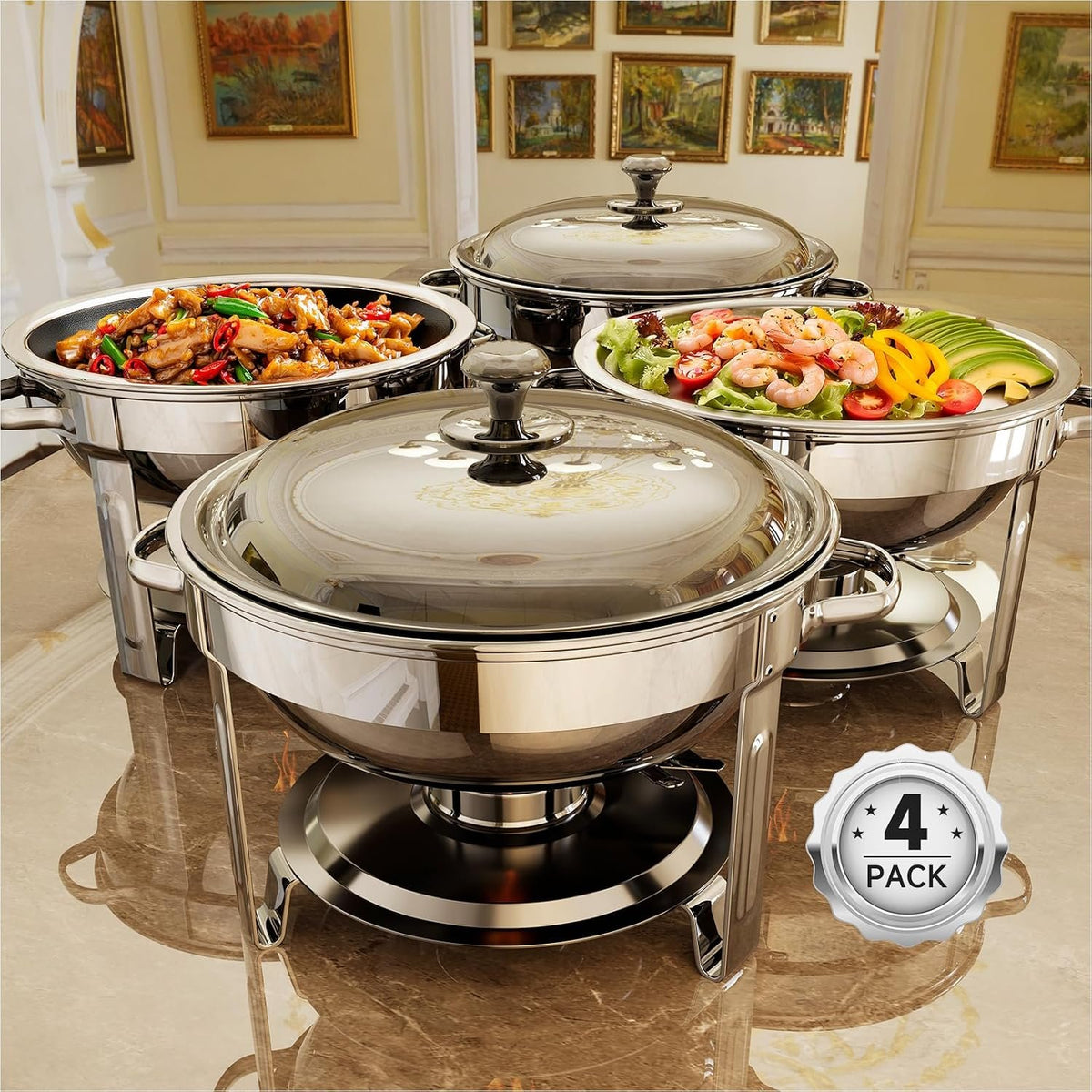 Round Chafing Dish 5L and 8L Stainless Steel with Glass Lid, Complete Buffet Warmer Set for Parties, Christmas Gatherings and Catering Events