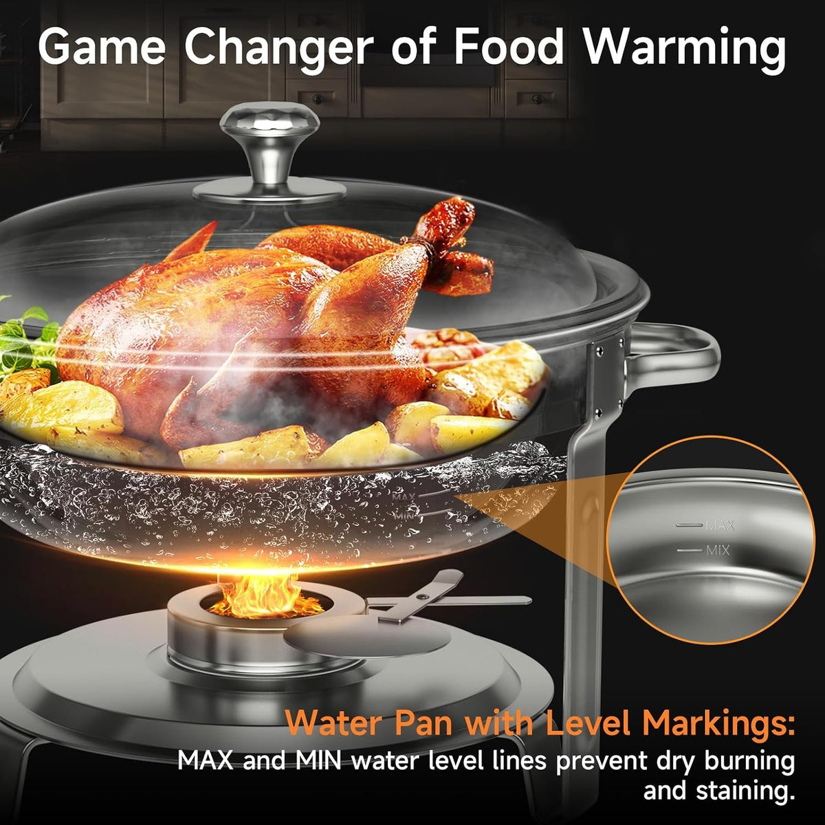 Round Chafing Dish 5L and 8L Stainless Steel with Glass Lid, Complete Buffet Warmer Set for Parties, Christmas Gatherings and Catering Events