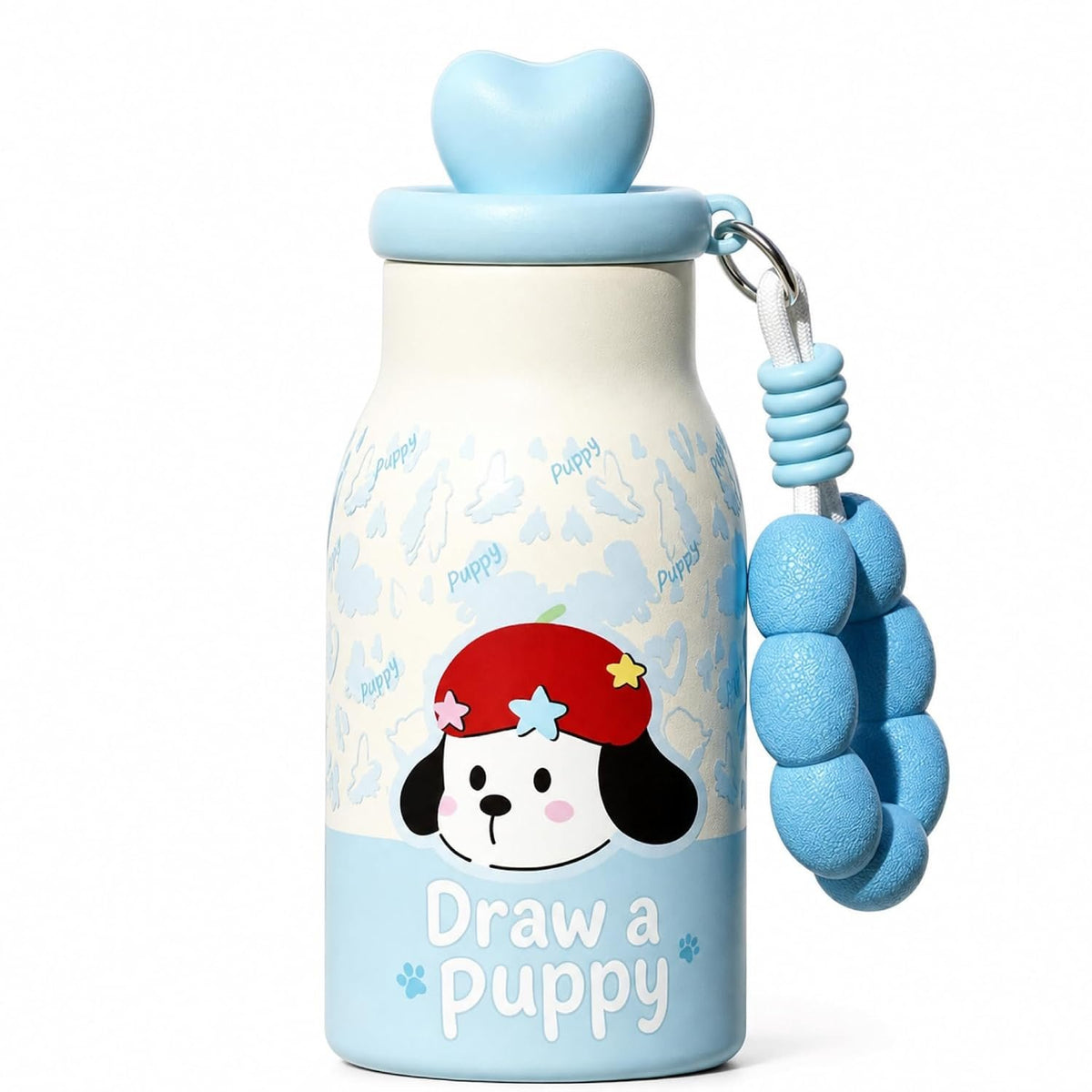 Kids Insulated Water Bottle with Straw 400ml, Stainless Steel Thermos Cup with Heart Cap, Metal Straw, Tea Infuser and Carry Loop