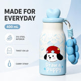 Kids Insulated Water Bottle with Straw 400ml, Stainless Steel Thermos Cup with Heart Cap, Metal Straw, Tea Infuser and Carry Loop