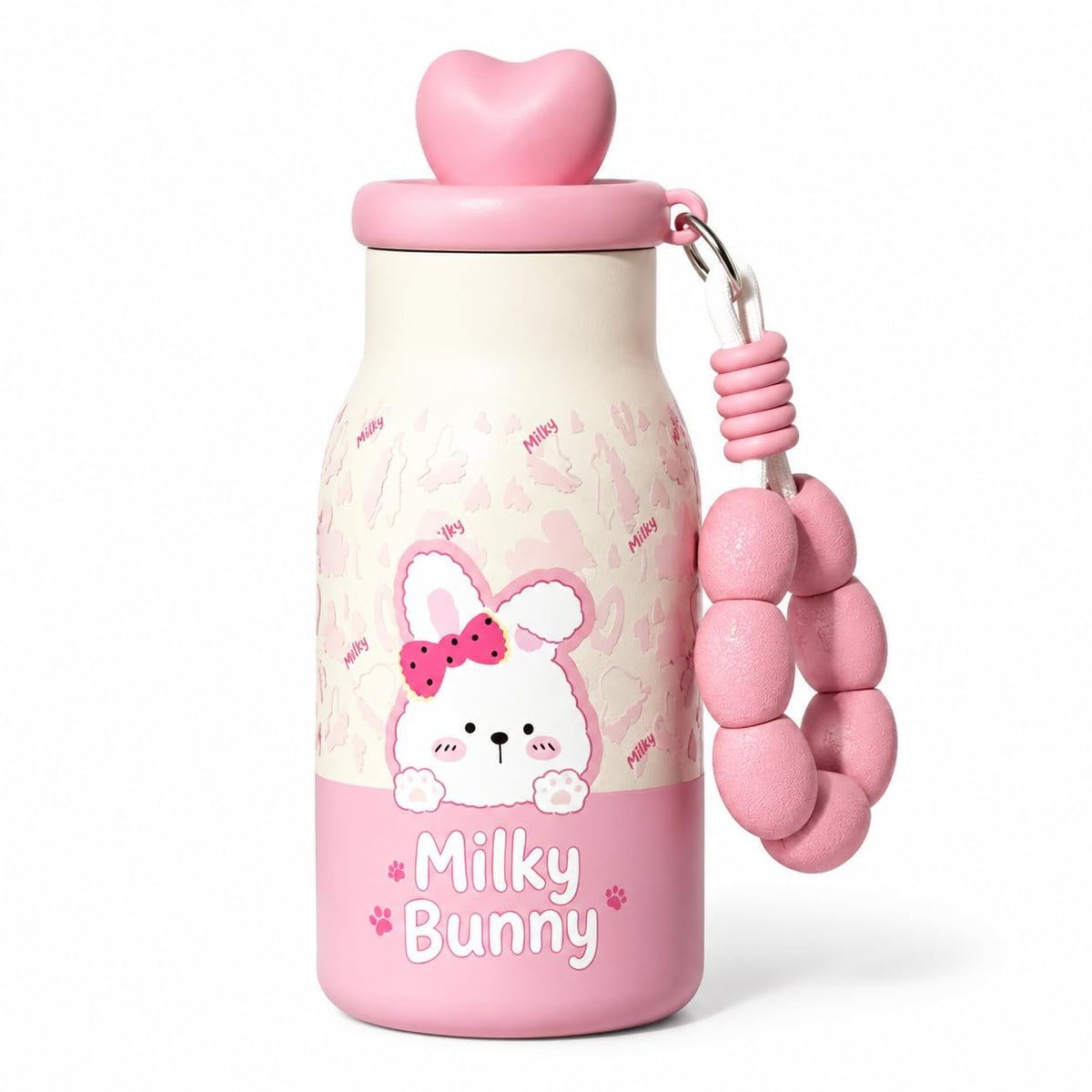 Kids Insulated Water Bottle with Straw 400ml, Stainless Steel Thermos Cup with Heart Cap, Metal Straw, Tea Infuser and Carry Loop