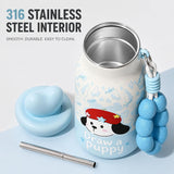 Kids Insulated Water Bottle with Straw 400ml, Stainless Steel Thermos Cup with Heart Cap, Metal Straw, Tea Infuser and Carry Loop