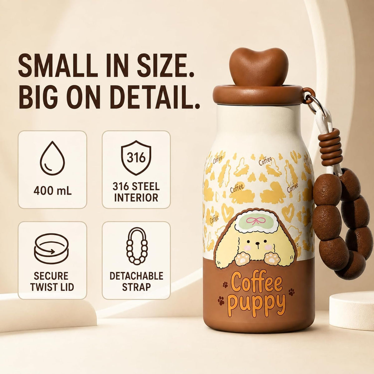 Kids Insulated Water Bottle with Straw 400ml, Stainless Steel Thermos Cup with Heart Cap, Metal Straw, Tea Infuser and Carry Loop