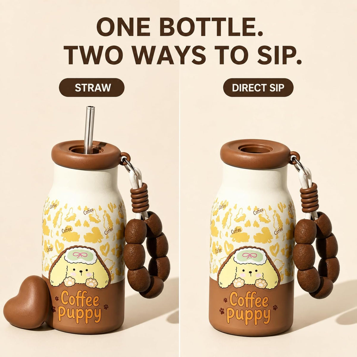 Kids Insulated Water Bottle with Straw 400ml, Stainless Steel Thermos Cup with Heart Cap, Metal Straw, Tea Infuser and Carry Loop