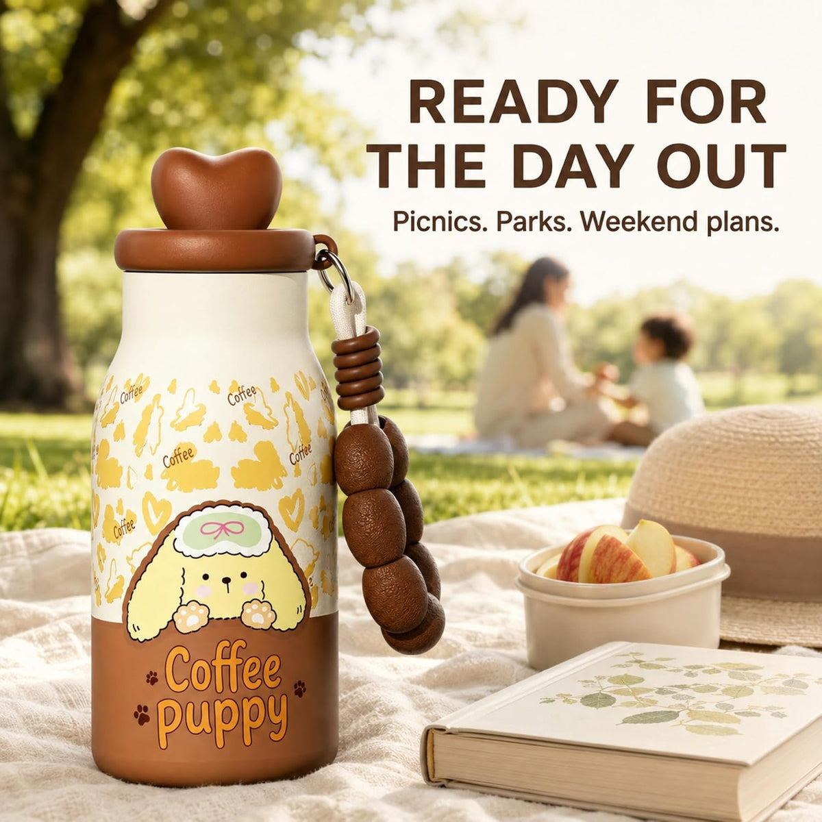 Kids Insulated Water Bottle with Straw 400ml, Stainless Steel Thermos Cup with Heart Cap, Metal Straw, Tea Infuser and Carry Loop