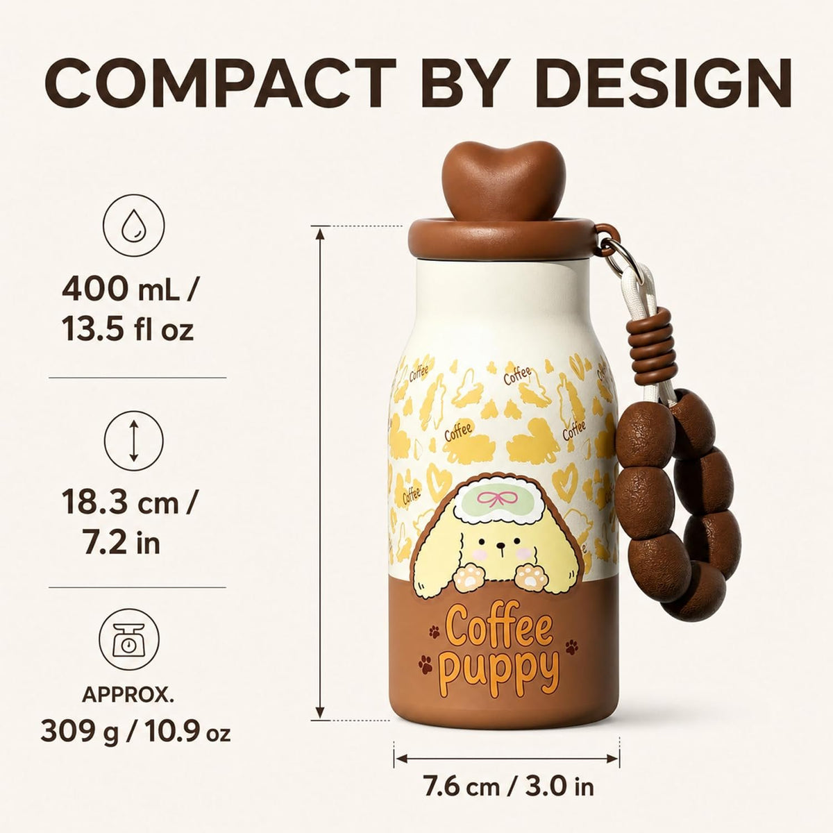 Kids Insulated Water Bottle with Straw 400ml, Stainless Steel Thermos Cup with Heart Cap, Metal Straw, Tea Infuser and Carry Loop