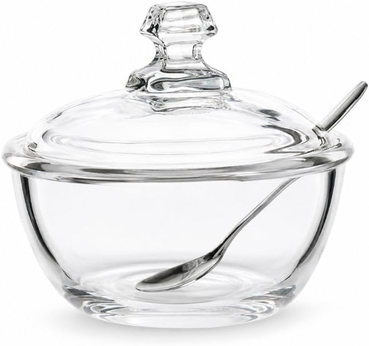 Danny Home Glass Sugar Bowl with Lid and Spoon 240ml | Clear Glass Sugar and Jam Jar, Jelly and Honey Serving Bowl for the Tea Tray and Table