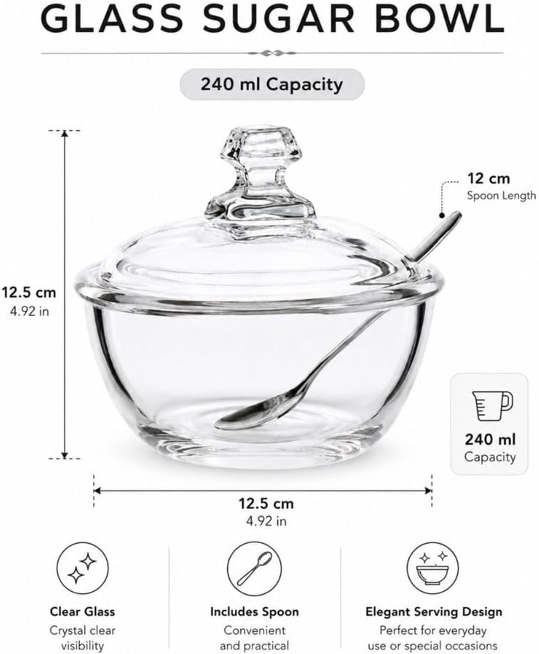 Danny Home Glass Sugar Bowl with Lid and Spoon 240ml | Clear Glass Sugar and Jam Jar, Jelly and Honey Serving Bowl for the Tea Tray and Table
