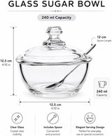 Danny Home Glass Sugar Bowl with Lid and Spoon 240ml | Clear Glass Sugar and Jam Jar, Jelly and Honey Serving Bowl for the Tea Tray and Table
