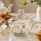 Danny Home Glass Sugar Bowl with Lid and Spoon 240ml | Clear Glass Sugar and Jam Jar, Jelly and Honey Serving Bowl for the Tea Tray and Table
