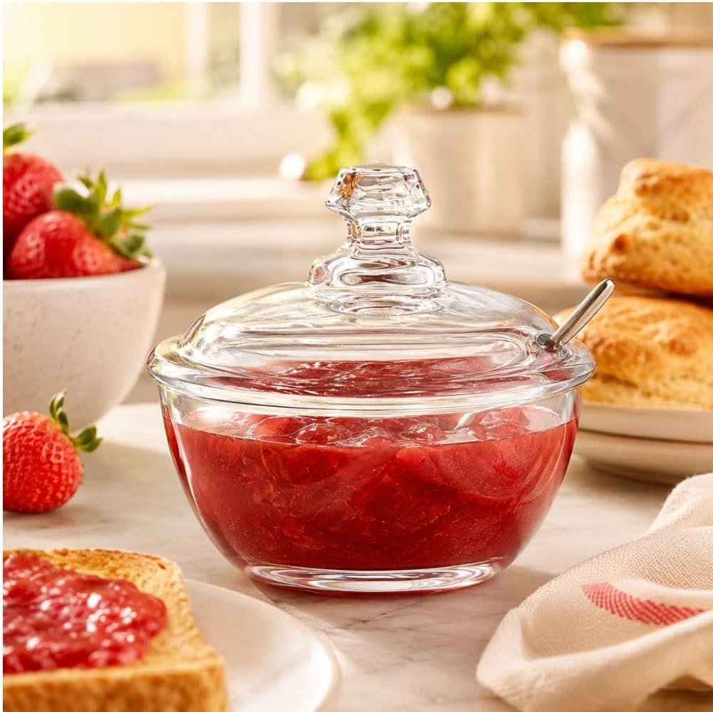 Danny Home Glass Sugar Bowl with Lid and Spoon 240ml | Clear Glass Sugar and Jam Jar, Jelly and Honey Serving Bowl for the Tea Tray and Table