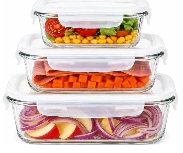Danny Home Glass Food Storage Containers 3 Piece Set, 500ml, 800ml and 1100ml with Lock Lids | Borosilicate Lunch Boxes, Oven, Microwave and Freezer Safe