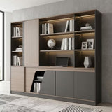Office Bookshelf with Cabinets 2m Wall Unit, Display Shelves and Lower Storage, Walnut and Grey | Executive Office Cabinet Bookcase
