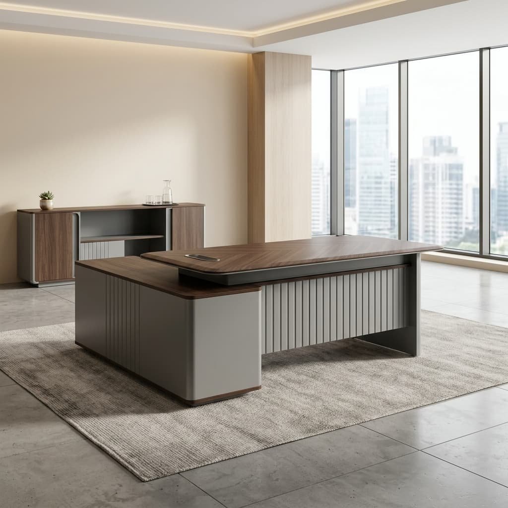 Executive Office Desk 1.6m or 1.8m with Side Return and Ribbed Front Panel, Dark Walnut and Grey | Manager Office Table with Storage