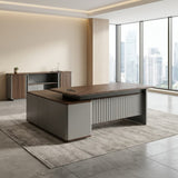 Executive Office Desk 1.6m or 1.8m with Side Return and Ribbed Front Panel, Dark Walnut and Grey | Manager Office Table with Storage