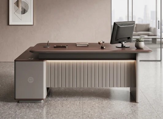 Executive Office Desk 1.6m or 1.8m with Side Return and Ribbed Front Panel, Dark Walnut and Grey | Manager Office Table with Storage