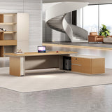 Executive Office Desk 2.2m L Shaped with Side Return, Storage Cabinet and LED Front, Walnut and Grey | Boss Office Table with Drawers