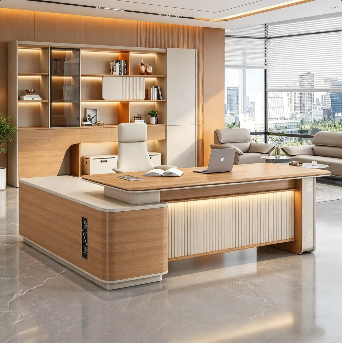 Executive Office Desk 2.2m L Shaped with Side Return, Storage Cabinet and LED Front, Walnut and Grey | Boss Office Table with Drawers