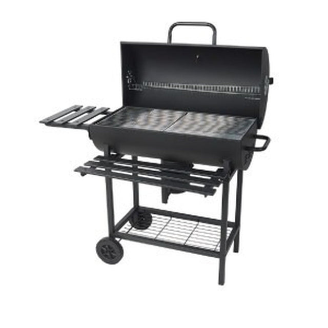 Barrel charcoal BBQ grill with lid on a trolley with side shelf and wheels