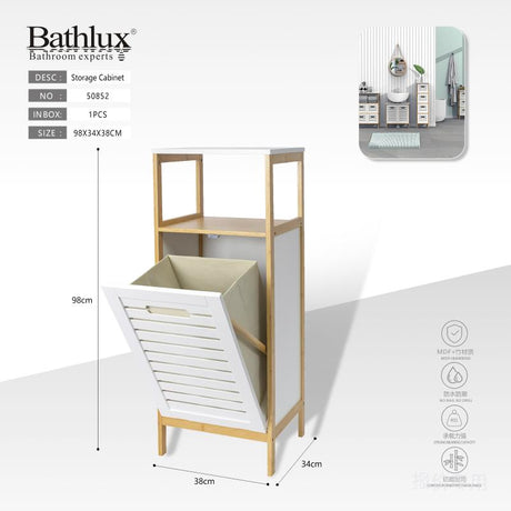 Bathlux white bathroom storage cabinet with tilt-out laundry hamper, 98cm