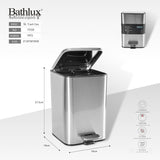 Bathlux 5 litre square pedal bin in brushed stainless steel with lid open