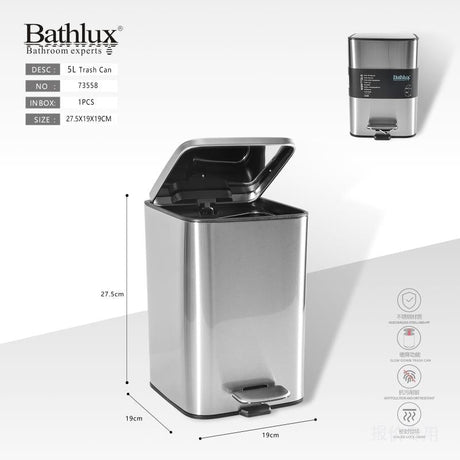 Bathlux 5 litre square pedal bin in brushed stainless steel with lid open