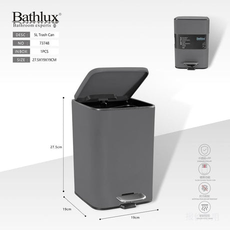 Bathlux 5 litre square pedal bin in grey with lid open